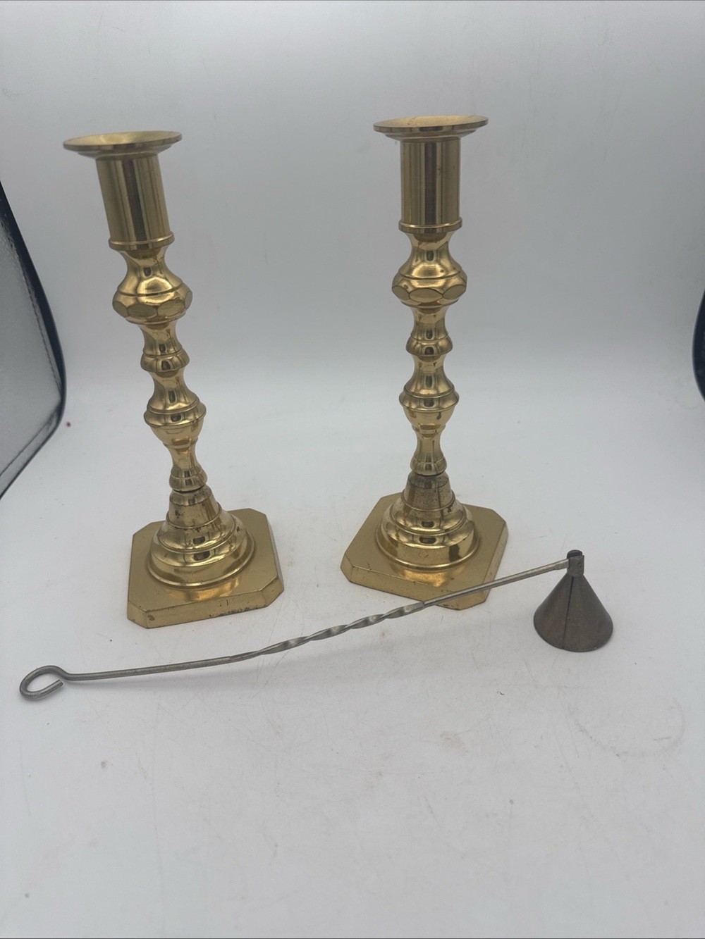 Vintage Venus Solid Brass Candlesticks Pair 8.5" Japan & Candle Snuffer Set MCM